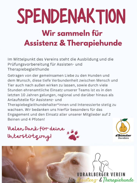 Flyer zur Spendenaktion für Assistenz- und Therapiehunde des Vorarlberger Vereins mit Hundeporträt und Logo der d'Süosslar