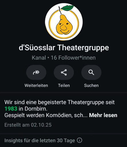Screenshot des WhatsApp-Kanals von d'Süosslar Theatergruppe Dornbirn mit Logo, 16 Follower*innen und Kurzbeschreibung
